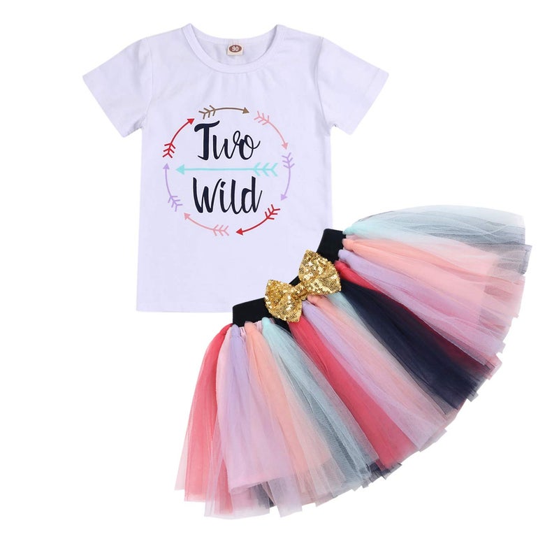 Viworld Toddler Baby Girls Floral Tutu Skirt Set Wild Two Short Sleeve 3Pcs Outfits with Headband(White2, 2 Years) - Image 1